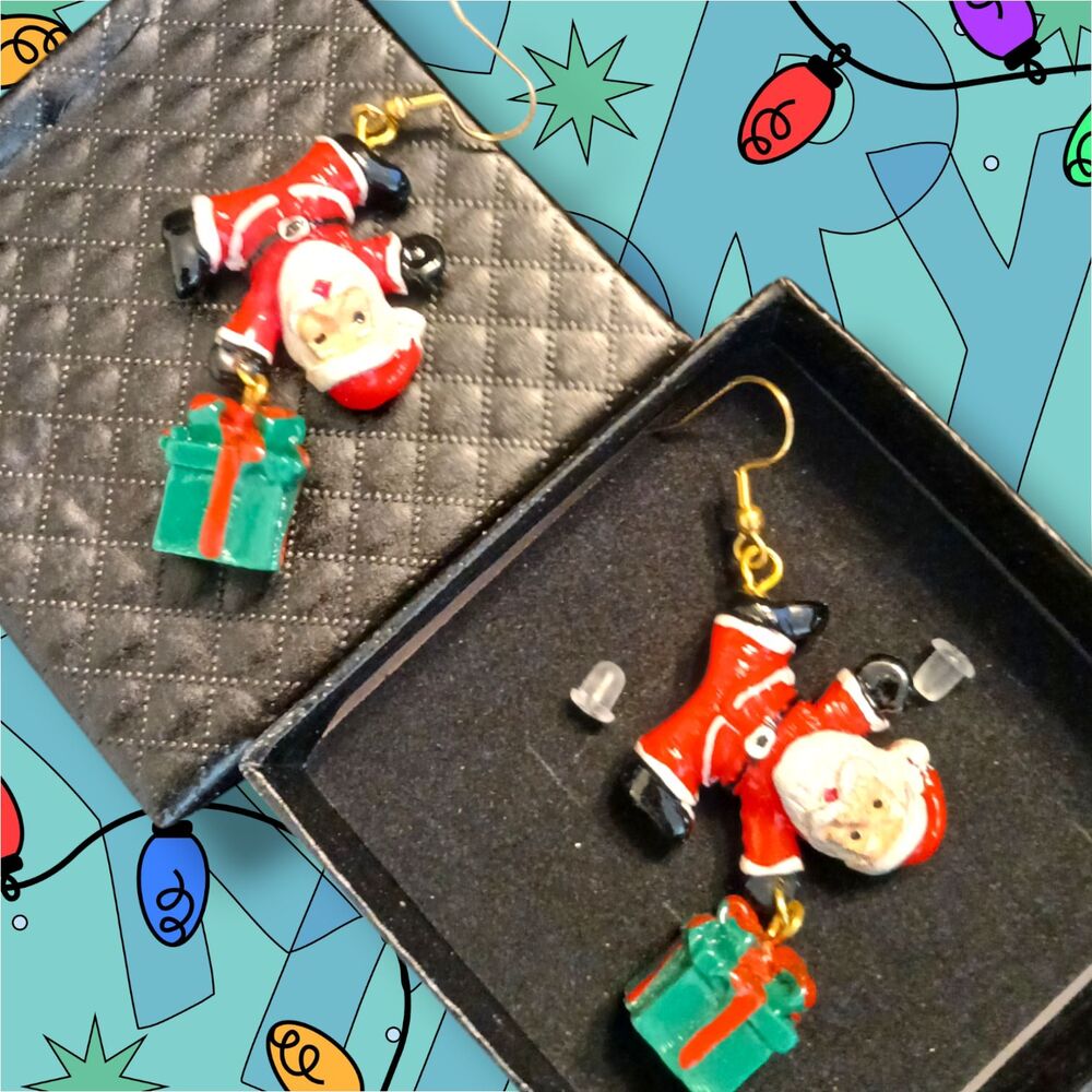 NEW Hanging Santa w/ Green Gift Box Dangling Earrings